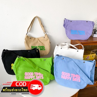 ROOTOTE(R1829) กระเป๋าผ้าสะพายข้าง GOOD TIMES HAPPY DAYS มีซิป ผ้าแคนวาส