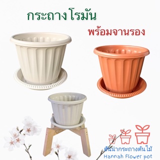 กระถางทรงโรมัน ปากกว้าง 8"  กระถางซื้อเป็นชุดกระถางพร้อมจานรอง สีขาวโอโม่ สีขาว สีเทา สีดำ