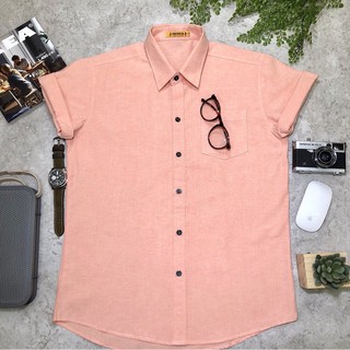 Prince New!! เชิ้ตแขนสั้นผ้าสีพื้น ผ้าcotton oxford อย่างดี สีส้มโอรส