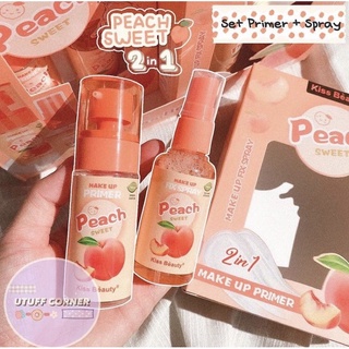 ไพรเมอร์ลูกพีช+สเปร์ยน้ำแร่ล็อคเครื่องสำอางค์ KISS BEAUTY 2In1 Makeup Fix Spray Peach Sweet (ขายเป็นเซต) No.68095