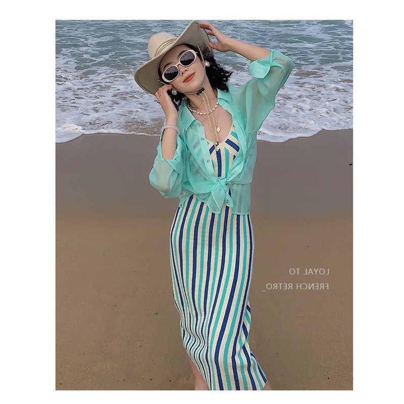 ส่งทันที Cici(NO. 2149)เดรสสายเดี่ยวไหมพรมลายทางยิ่งดูผอม งานทอknitting ทอสลับสีสันสดใส เข้ารูปดูเพียวมาก - รูปที่ 5