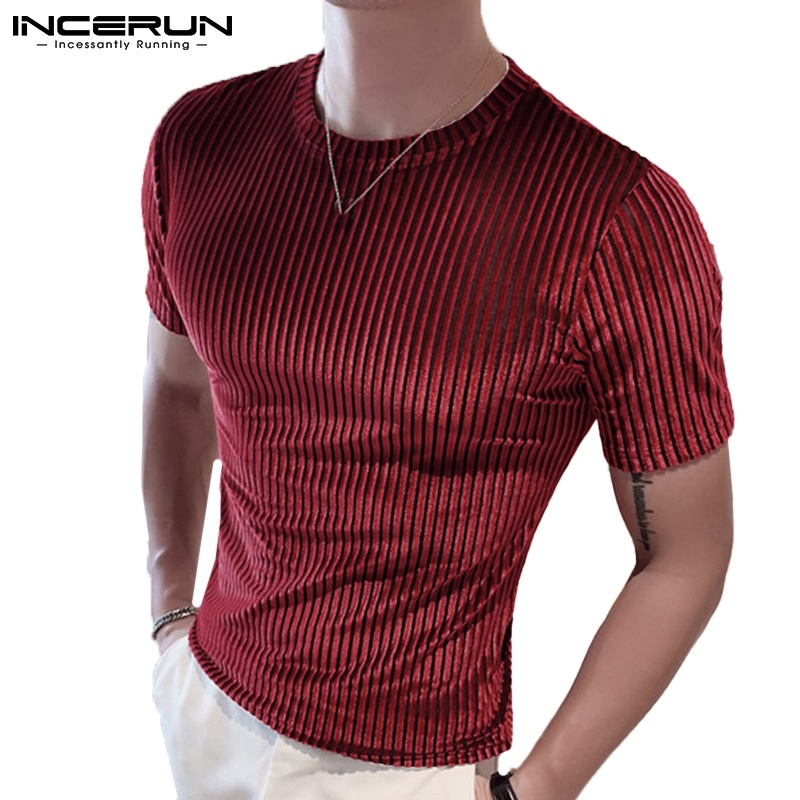 INCERUN Men's Fashion Velvet Short Sleeve Round Neck Loose Casual T-Shirt