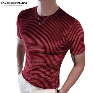 INCERUN Mens Fashion Velvet Short Sleeve Round Neck Loose Casual T-Shirt