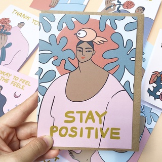 การ์ดอวยพร น่ารัก พร้อมซอง ให้กำลังใจ มินิมอล ผู้หญิง Stay Positive แบรนด์ Ping Hatta sending positivity encouragement