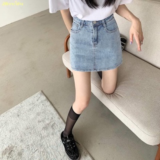 Hot Sale🍑📷Denim light blue skirt women s 2022 ใหม่แฟชั่นเอวสูง a-line กระโปรงสั้นแพคเกจ hip skirt