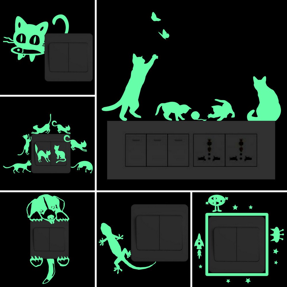 การ์ตูนตลกเรืองแสงใน Dark Wall Switch สติกเกอร์ - Fairy Stars/แมวปลาผีเสื้อ/สุนัข/Gecko/Spider/Footprint/Hearts/Candle/Fall in Love Lover...