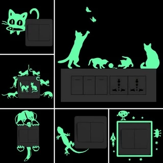 การ์ตูนตลกเรืองแสงใน Dark Wall Switch สติกเกอร์ - Fairy Stars/แมวปลาผีเสื้อ/สุนัข/Gecko/Spider/Footprint/Hearts/Candle/Fall in Love Lover...