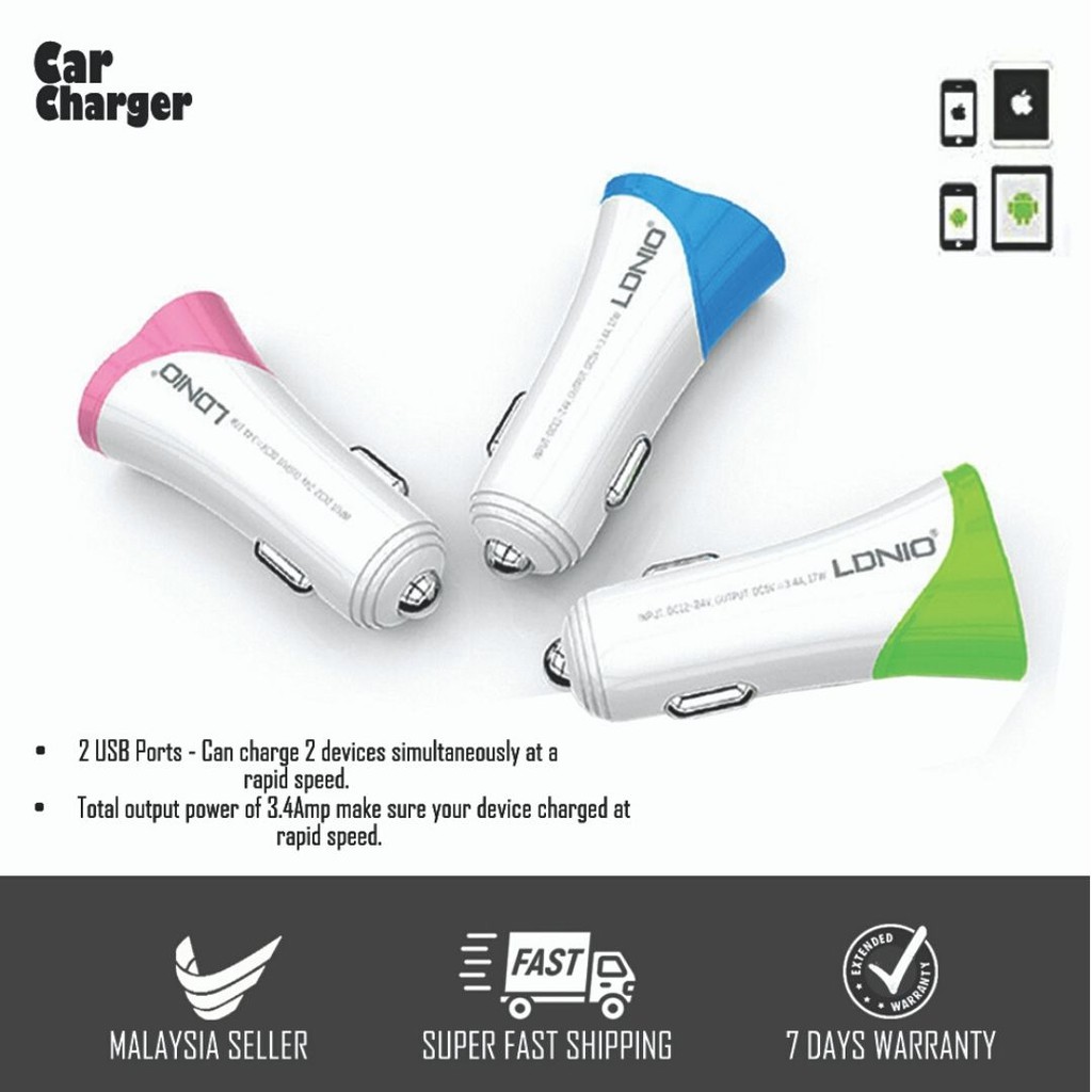 LDNIO Dual USB 3.4A Fast Charging Car Charger - สายฟรี LDNIO