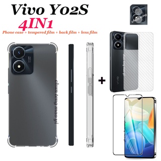 (4in1) เคสโทรศัพท์มือถือแบบใส กันกระแทก 1.5 มม. กระจกนิรภัย ฟิล์มคาร์บอนไฟเบอร์ ฟิล์มเลนส์ ฟิล์มด้านหลัง และฟิล์มด้านหลัง สําหรับ Vivo Y02S Y02 Y100 Y21 Y76 Y15A Y15S