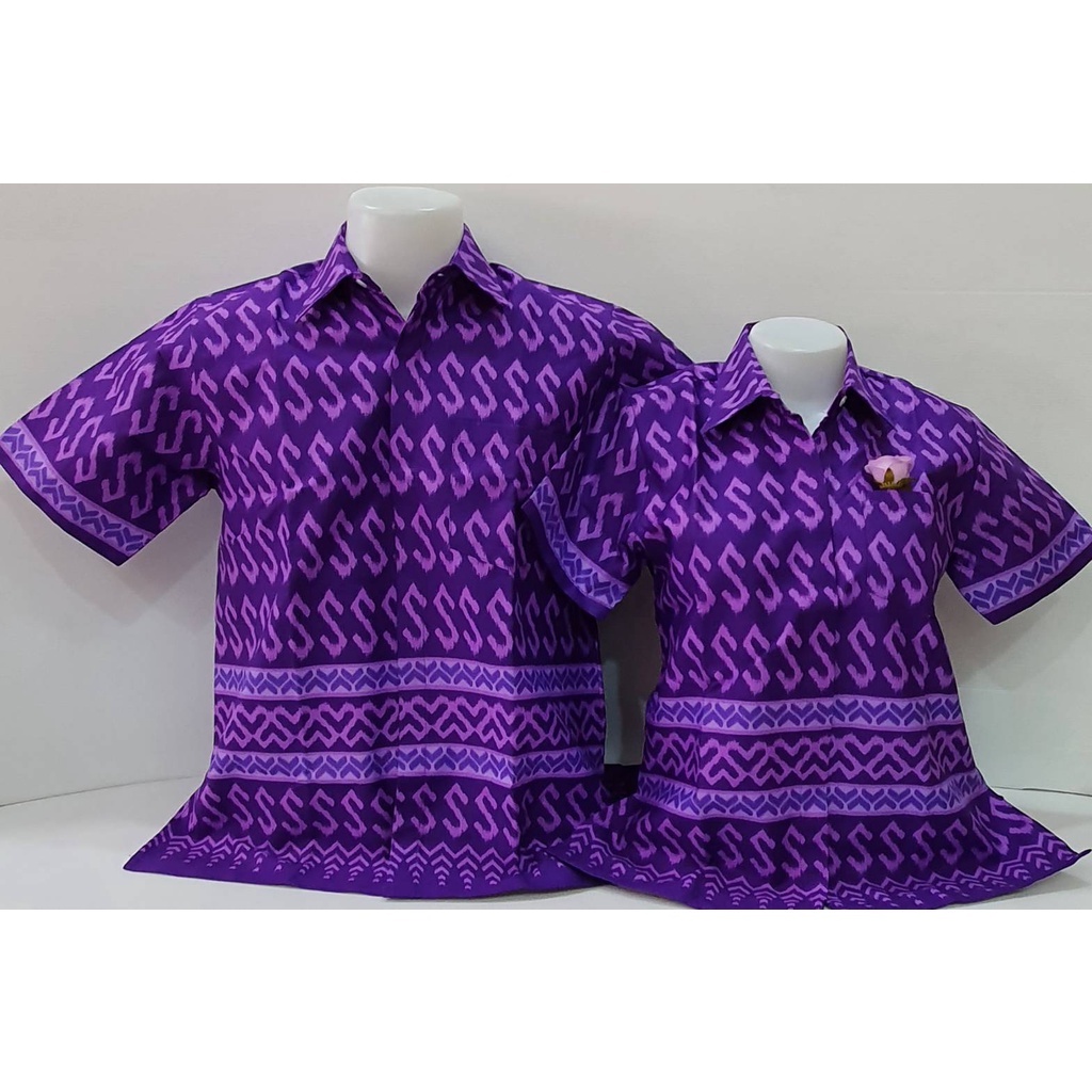 เสื้ออัดกาวลายไทย คอเชิ้ต - สีม่วงลายมัดหมี่ 2 ผู้ชาย/ผู้หญิง