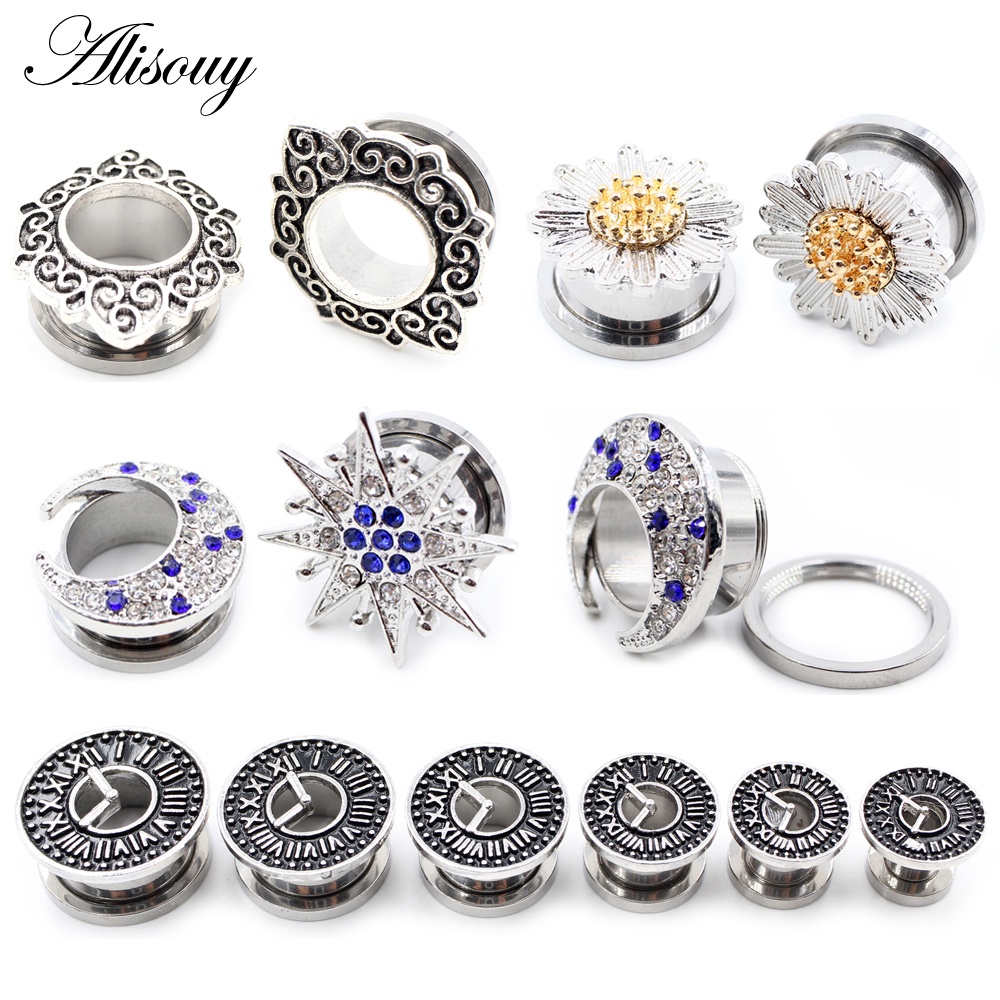 Alisouy 2 ชิ้นสแตนเลสดอกไม้ CZ Moon Star นาฬิกาสกรูอุโมงค์หูปลั๊กขยายวัด Body เจาะเครื่องประดับ