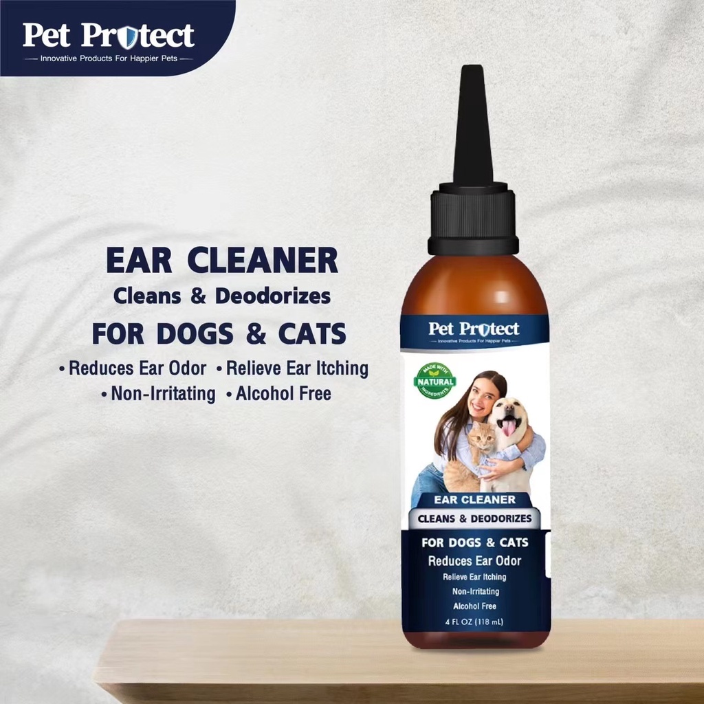 Pet Protect Ear Cleaner โลชั่นเช็ดหู สูตรอ่อนโยน ลดกลิ่นเหม็น ขจัดไรในช่องหู ขจัดขี้หูและแบคทีเรีย (118 มล./ขวด)