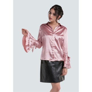 ( Last One!) Silky Buttoned Shirt For Women เสื้อเชิ้ตผ้าเงา สีชมพู แขนยาว ปลายแขนแต่งระบาย มีโบว์ น่ารักมาก