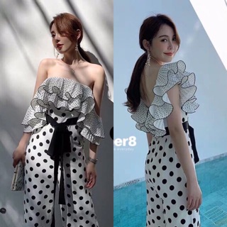 Jumpsuit จั๊มสูทขายาว Polka Dot งานโคเลียแท้ใส่แบบทรงปาดไหล่ เนื้อผ้ามอสเครฟ