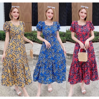 Maxidress มี5โทนสี เดรสลายดอกไม้ แขนสั้น แต่ระบายปลายกระโปรง เดรสลายดอกไม้ คอเหลี่ยม