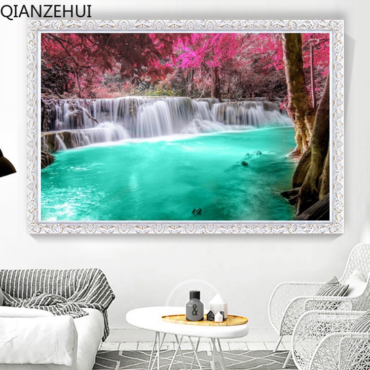 Diy 5D รอบลูกปัดเต็มรูปแบบที่มีสีสัน Falls Woods ภาพวาดเพชร, ลูกปัดภาพวาดตกแต่ง