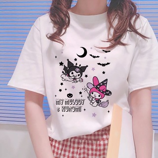 เสื้อยืด พิมพ์ลายกราฟฟิค Kuromi สีขาว สไตล์ฮาราจูกุ สําหรับผู้หญิง