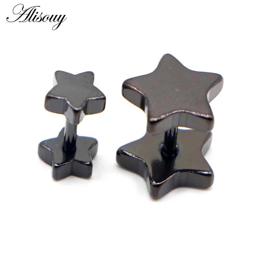 Alisouy 2 ชิ้น ใหม่ ทุกเพศ สเตนเลส บาร์เบล ต่างหูสตั๊ด คลาสสิก ห้าแฉก ดาว ต่างหูสกรู ด้านหลัง เจาะร่างกาย เครื่องประดับ