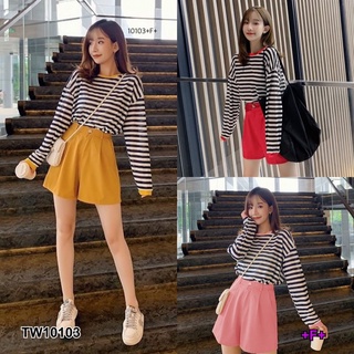 👗Pfashion [ส่งไว!!🚛] P10103 Set 2 ชิ้น เสื้อคอตตอนลายริ้วแขนยาว  Set of 2 pieces, striped cotton shirt with lo