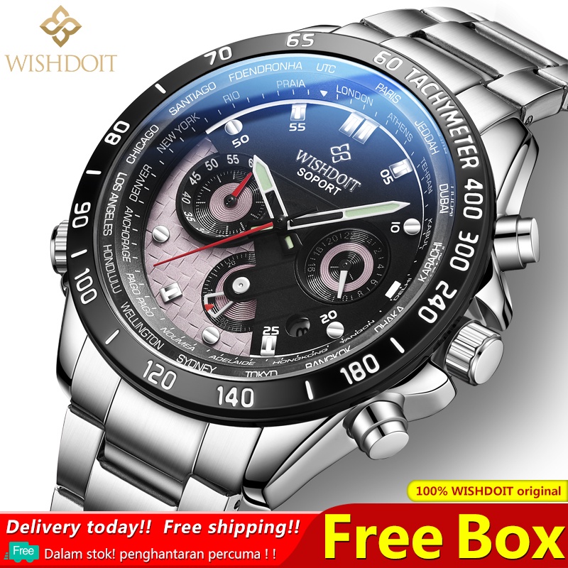 WISHDOIT Jam Tangan lelaki ผู้ชายหรูหราแท้นาฬิกากันน้ําสแตนเลสสีดํามัลติฟังก์ชั่ Chronograph กีฬา Luminous Analog นาฬิกาควอตซ์