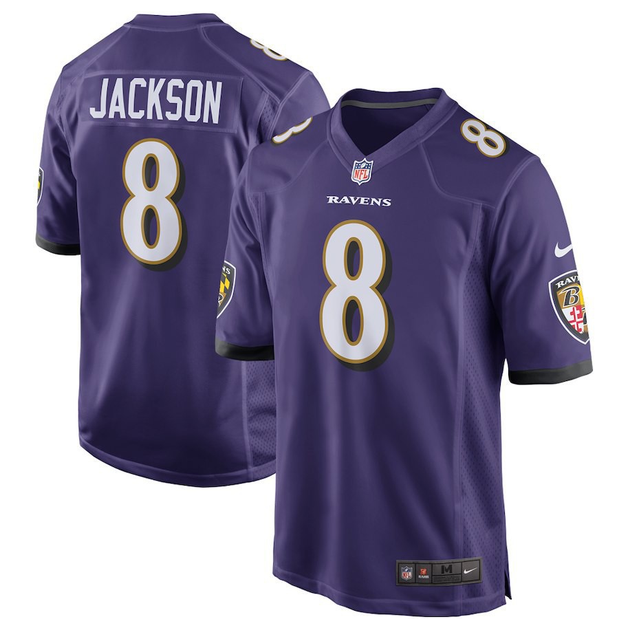 เสื้อฟุตบอล NFL Mens Ravens 8 Lamar Jackson เสื้อฟุตบอล สีม่วง สีขาว สีดํา