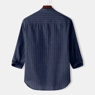 [พร้อมส่ง]เสื้อเชิ้ตผ้าลินิน，สำหรับผู้ชาย เสื้อเชิ้ตคอจีนแขนยาว，ลายทางแนวตั้ง