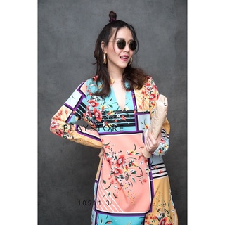 PopuDella Long Sleeves MaxiDress•• เดรสยาวคอจีน แขนยาว ปริ้นซ์ลายดอกเล่นสีสดใส ทรงเรียบเบสิค Classic Look