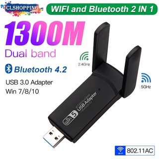 อะแดปเตอร์การ์ดเครือข่ายไร้สาย 1300Mbps USB 3.0 บลูทูธ 4.2 AC 5.8G 2.4G USB WiFi LAN 802.11ac Mini WiFi สําหรับแล็ปท็อป