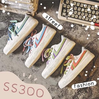 SS300 รองเท้าผ้าใบหนังนิ่ม สไตล์สตรีทแฟชั่น เท่ๆชิคๆ สีขาว หลากสี มิ้น/ฟ้า/เขียว/ส้ม