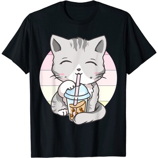 Fy เสื้อยืดลําลอง แขนสั้น โอเวอร์ไซซ์ พิมพ์ลายการ์ตูนแมวน่ารัก Kawaii Cat Boba Bubble Milk Tea Neko สไตล์วินเทจ สําหรับผ