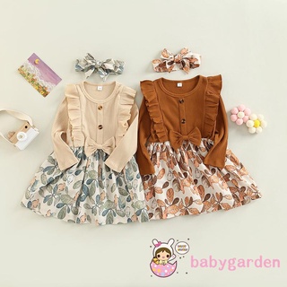 Babygarden- ชุดเดรสแขนยาว คอกลม พิมพ์ลายใบไม้ แต่งระบาย พร้อมที่คาดผม ประดับโบว์ สําหรับเด็กผู้หญิง 1-6 ปี