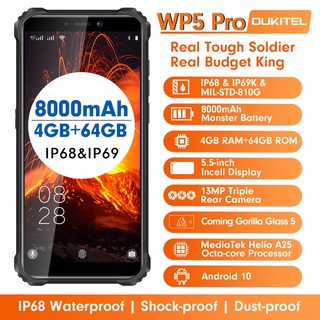 OUKITEL WP5 Pro Smartphone IP68 Waterproof 4GB 64GB Mobile Phone 8000mAh Android 10 Triple Camera Face/Fingerprint ID 5.