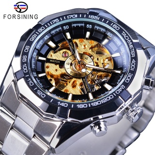 Forsining Golden Gear Openwork Steampunk Racing Sport Military Design Waterproof Mens Mechanical Skeleton Watch Top Bran