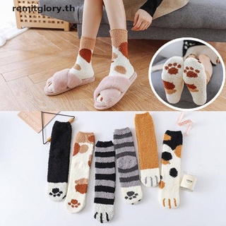 【remitglory】 Christmas Winter Coral Warm Cute Cat Paw Socks Fleece Sleeping Fuzzy Girly Heart 【TH】