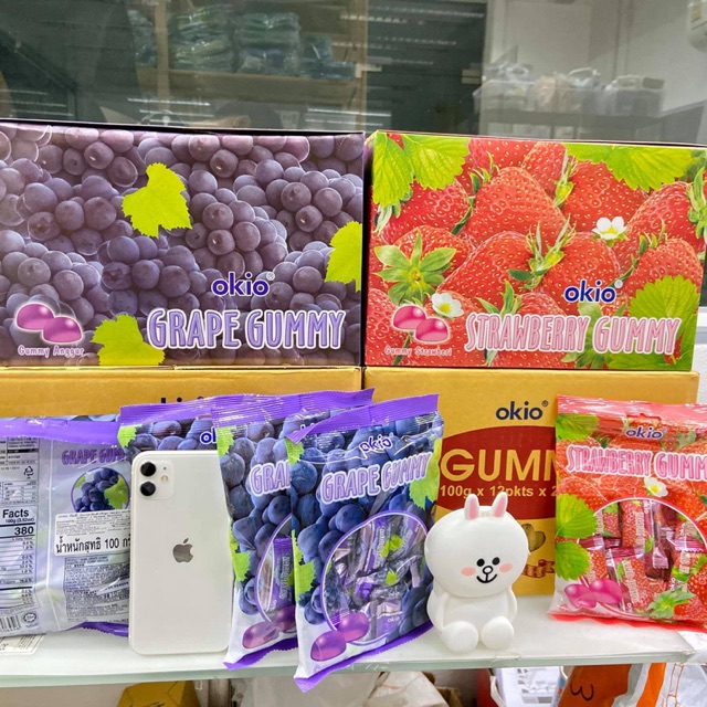 แพค 1 กล่อง 12ซอง กัมมี่ Gummy Jelly Strawberry/ Grape Gummy (วุ้นเจลาตินสำเร็จรูป รสสตรอเบอร์รี/องุ่น) ตราโอกิโอ Okio™️