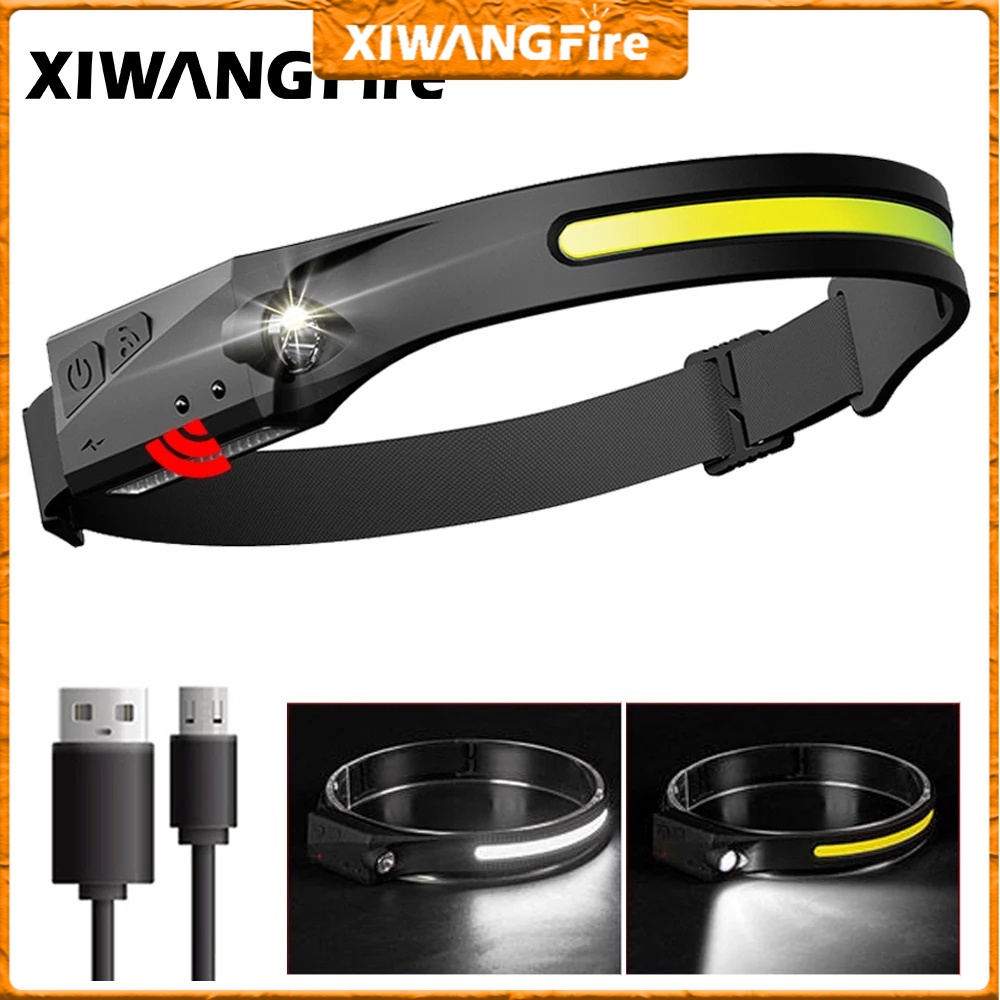 ไฟฉายสวมศีรษะ COB LED พร้อมแบตเตอรี่ในตัว ชาร์จ USB 5 โหมด