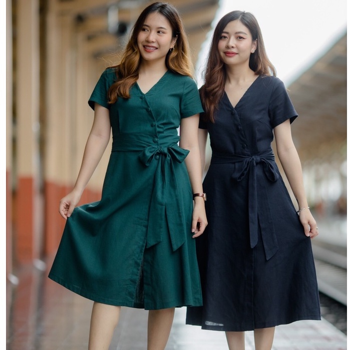 MOM เดรสกระดุมปั้มเฉียง แถมโบว์ให้ทุกชุด