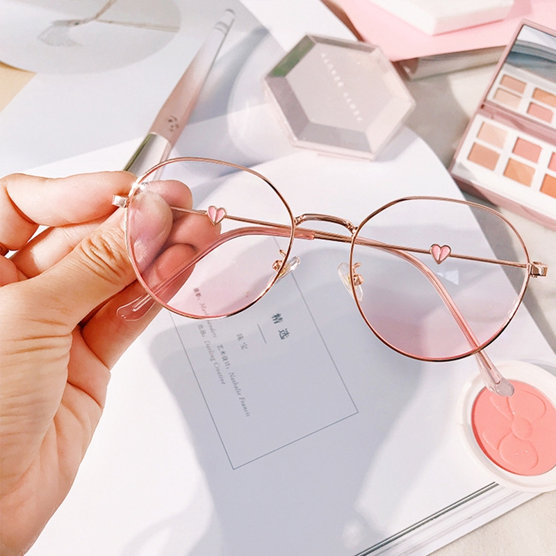แว่นตาป้องกันรังสีสําหรับผู้หญิงเกาหลีน่ารักแว่นตากันแดดหัวใจสีชมพู Anti-Blue Ins แว่นตาสําหรับผู้หญ