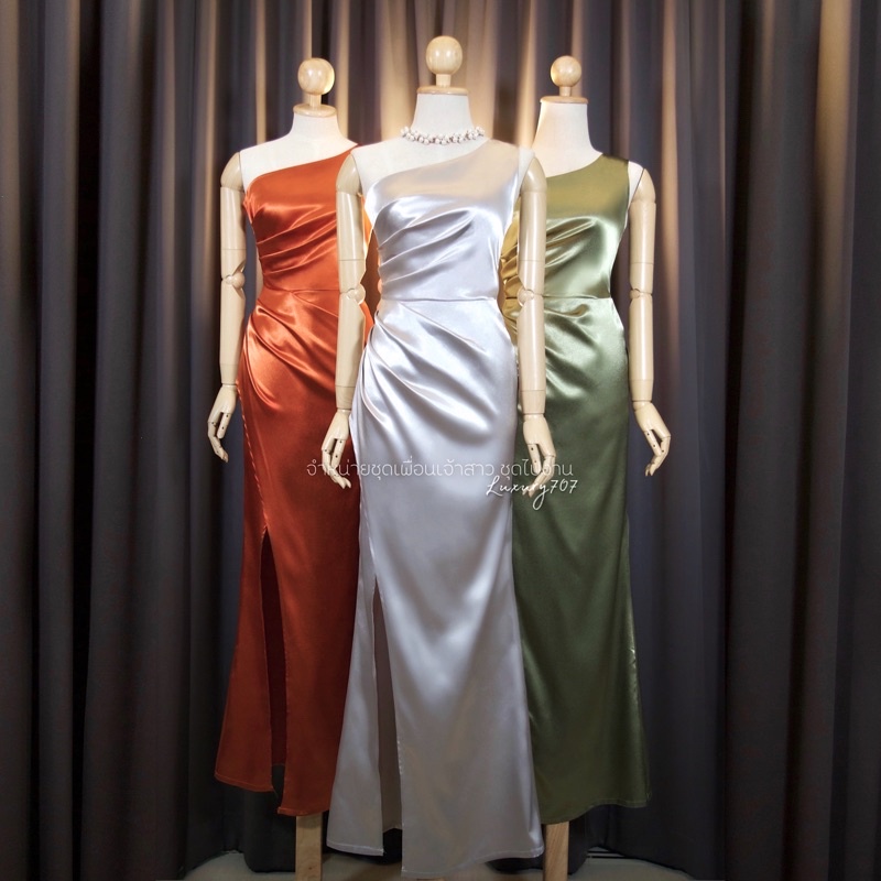 FN0253-6  One shoulder (ซ้าย) ดีเทลจีบเอว พรางหน้าท้อง ชุดไปงานแต่ง ชุดออกงาน เดรสเพื่อนเจ้าสาว [LUX