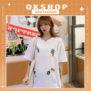 QKshop ✨เสื้อยืดทรงโอเวอร์ไซส์ สีพื้นสกรีนลายการ์ตูนน่ารักดูสุภาพลายไม่เยอเกินไป ใส่ได้ทุกโอกาส 👍🏻🛍️🔥