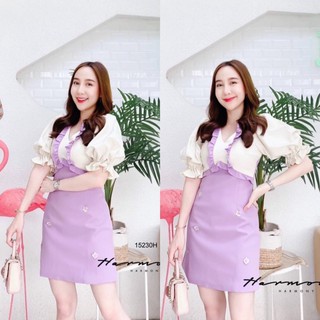 👗Pfashion [ส่งไว!!🚛] P15230 	เดรสแขนพองอกแต่งระบายกระโปรงติดดอกเลื่อม