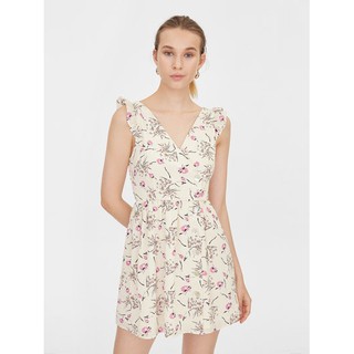 V Neck Frill Shoulder Floral Dress  -  White [XL]