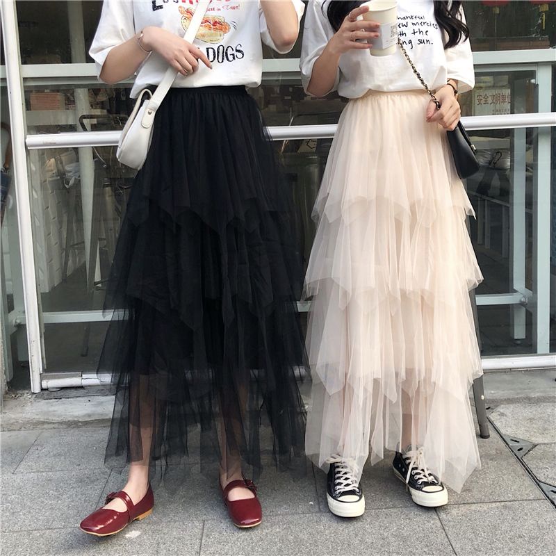 2022 ใหม่ Very Fairy ตาข่ายเค้กกระโปรงหญิงฤดูร้อนเกาหลีรุ่น All-Match เอวสูงไม่สม่ําเสมอ A-Line กระโปรง