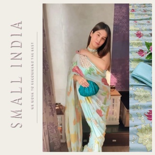 {**ส่งฟรี**} SMALL INDIA 🥻 Pure Georgette Saree ชุดสาหรี  🥻 Women Silk Saree