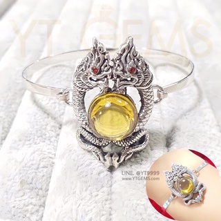 📣 กำไลพญานาคคู่ นาคเกี้ยว โอบมณีสีเหลือง บุษราคัม กำไลเงินแท้ รมดำ พลอย(CZ) YTG-11697