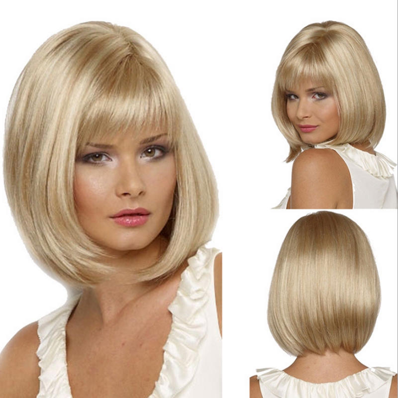 Gold Women Short Synthetic Lace Full Wigs Straight Bob Hairstyle