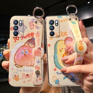 2021 New เคส OPPO Reno6 Z Reno 5 6 Pro 5G Casing with Wristband Mobile Bracket Softcase Fashion Luxury Rhinestone Bling Glitter Lovely Cartoon Avocado Peach Back Cover เคสโทรศัพท์ ออปโป้ Reno6Z Reno6 5G Case