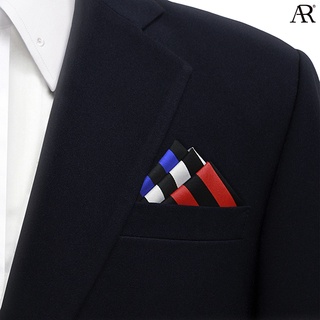 ANGELINO RUFOLO Pocket Square(ผ้าเช็ดหน้าสูท) ผ้าไหมพิมพ์ลายอิตาลี่คุณภาพเยี่ยม ดีไซน์ 4IN1 Various Stripes แดง/เทา/ทอง