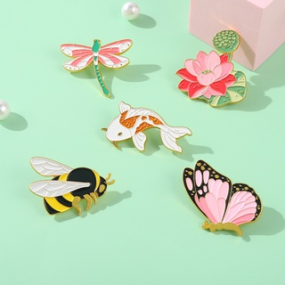 5 Styles Custom Lotus Carp Lapel Brooch Bee Butterfly Dragonfly Enamel Pin Backpack Design Badge Collection Gift