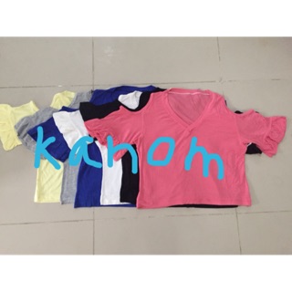 เสื้อครอปคอวี แขนระบาย ผ้าเลย่อน